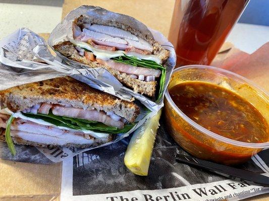 The Club Sandwich Basket combo with soup of the day Box unfolds