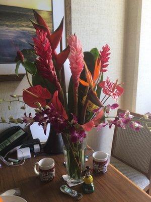 Fabulous Tropical arrangement from Carrie. For birthday. AND it lasted until we left 11 days later. 5* Stars. Mahalo Cherrie.