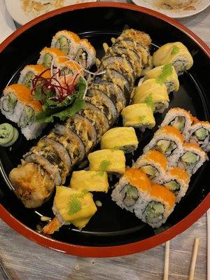 California roll, Yum Yum Roll (spicy tuna, rice, nori, then deep fried) Mango Roll, California roll