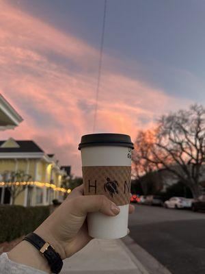 Ono Chai (dirty) with oat milk accompanied by pretty skies