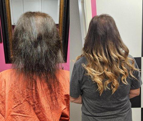 Tape in hair extensions and color service