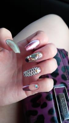 Mermaid nails with Swarovski crystals, real shell and hand painted scale pattern