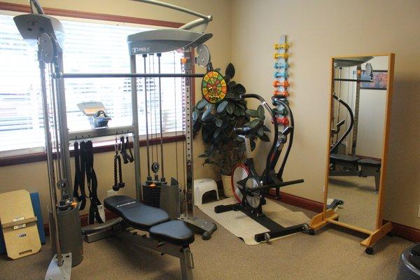 We have a full set of gym equipment and weights for a varied workout program.