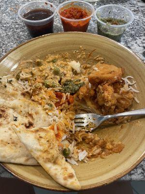 Leftover Mixed Vegetable Masala, Aloo Gobi Curry, Garlic Naan and chutneys