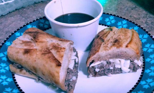 Sourdough French dip sandwich with Swiss cheese and au-jus