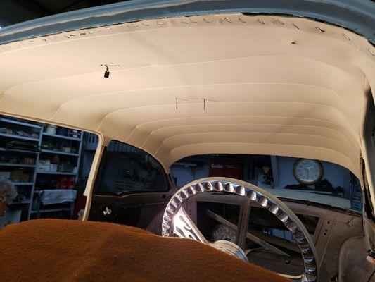 1957 Chevrolet 210 custom made headliner with luxor leather.