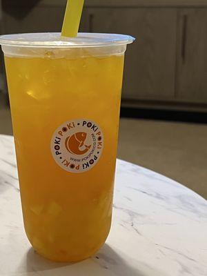 Passion fruit mango boba tea with lychee boba