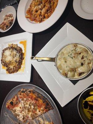 Vesuvius pizza, penne, gnocchi with four cheese sauce and lasagna