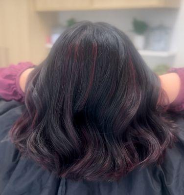 Subtle highlift red violet balayage