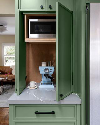 Appliance garage for our custom kitchen cabinets in our alameda project. We built these cabinets to maximize space in the kitchen area.