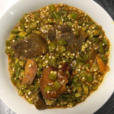 Okro soup served with Yam fufu