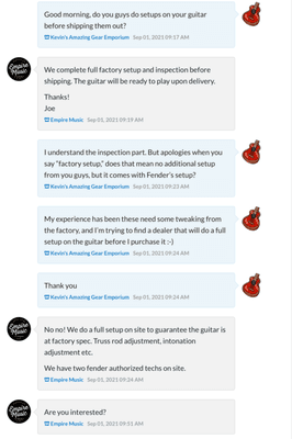 Part 1 of the initial conversation with Joe where he promised me an inspected guitar (notice the date)