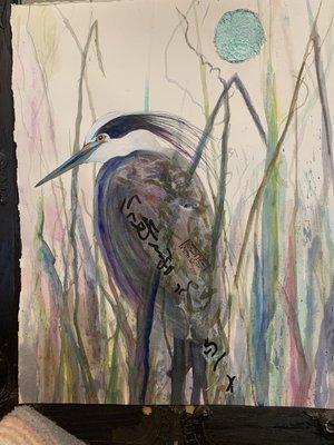 Blue Herron, multimedia on watercolor paper framed in black antique frame-stunning !!