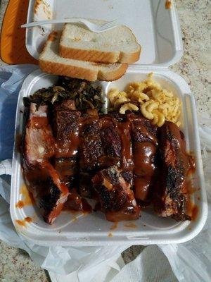 Ribs with mac and cheese plus collard greens