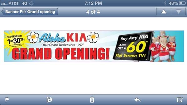 Aloha Kia grand opening month of September 2013 purchase a new KIA and take home a 60 inch flat screen TV