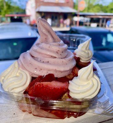 Strawberry shortcake!  Strawberry ice cream made from fresh picked strawberries. Amazing!