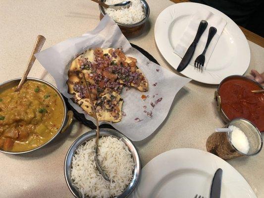 Vegetarian nirvana ($16), masala papadum ($3.50), sweet lasi ($3.50), lamb boti masala ($16.99)