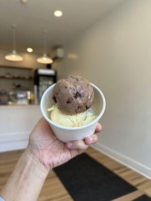 Chocolate fudge brownie (top) and chai (bottom) scoops