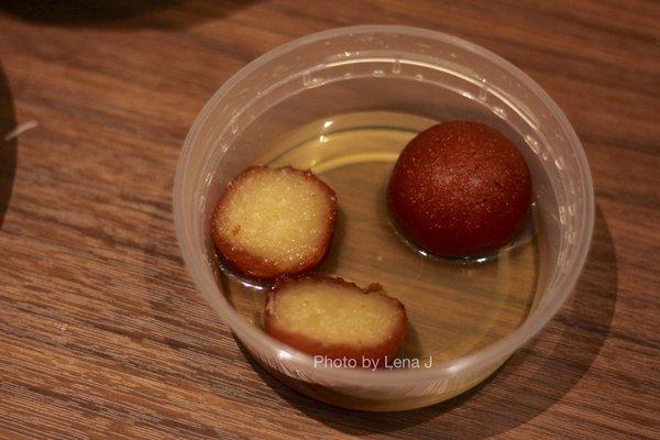 Gulab Jamun ($5.95 for 2 pieces) Deep fried cottage cheese balls, dipped in honey and sugar syrup