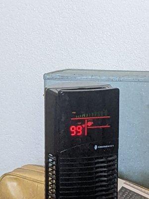 The temperature in my bedroom with 3 portable AC units and a fan on. We've been without AC for 6 weeks.