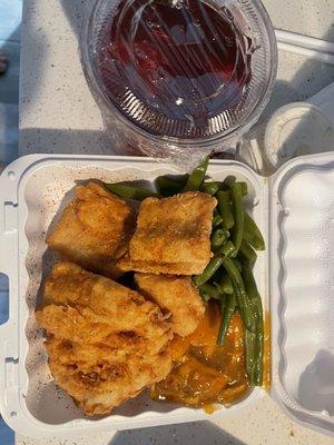 Fried Fish Lunch Special with string beans and Homemade Juice