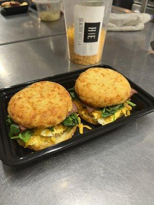 Keto Cheddar Breakfast Biscuits, Scrambled Eggs, Spinach, Turkey Bacon