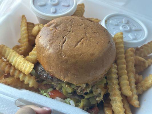 Gorilla burger fries and two dipping sauces