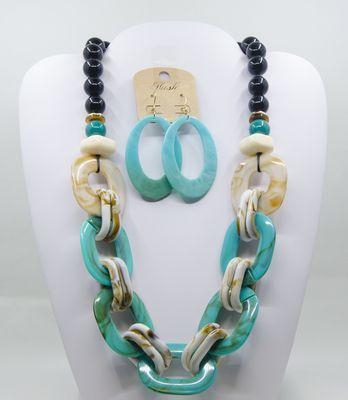 Acrylic Chain Link Necklace & Earrings Set - Marbled Turquoise/Cream