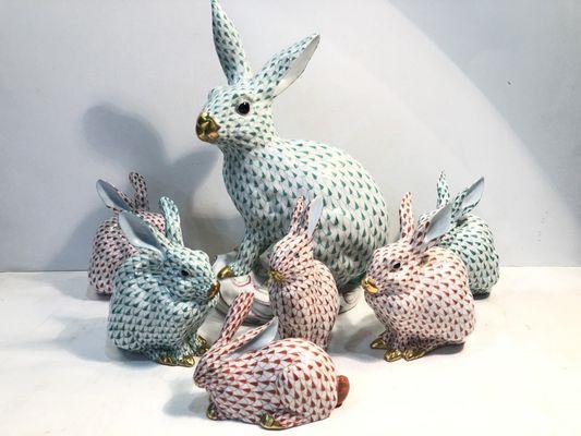 Herend porcelain fishnet rabbits.  Handpainted in Hungary with 24k gold highlights.  $175 - $950.