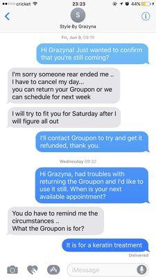 Short text message exchange in which I never got my hair done.