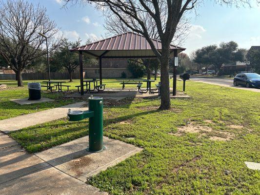 Covered picnic area and fountain