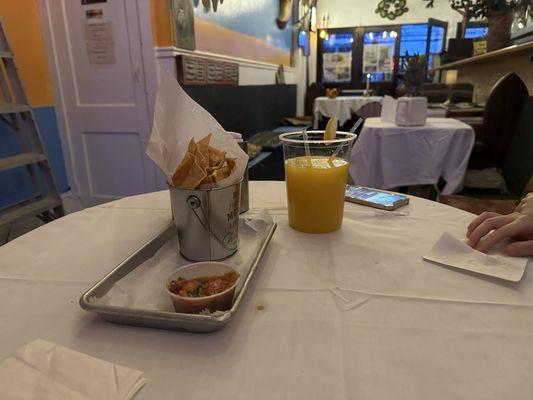 Chips and Hand Cut Chips & Salsa with fruit drink