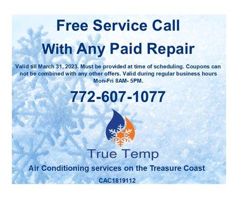 99.00 off Service call with any paid repair