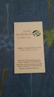 Business card.  Dr. Todd Haruki.