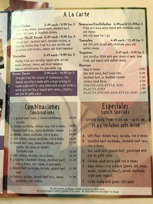 Menu price changes