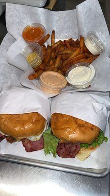 2 Eggcellent Morning burgers With sweet potato fries.