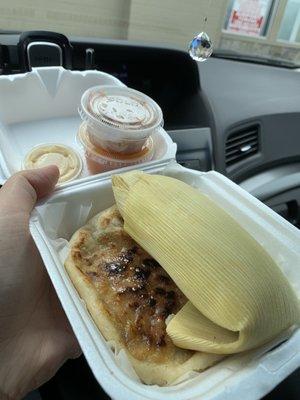 A bean, pork, and cheese pupusa and the tamal de elote