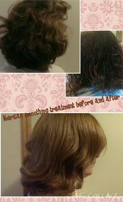 Before and After a Keritan Smoothing Treatment. Smooth, frizz free, managable. Come see me for details.