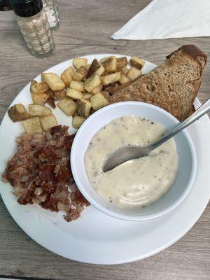 Corned beef has (substituted sausage gravy instead of 2 eggs)