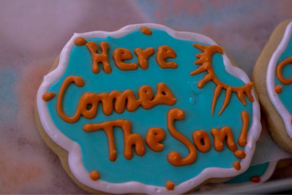 Here comes the son, baby shower cookies