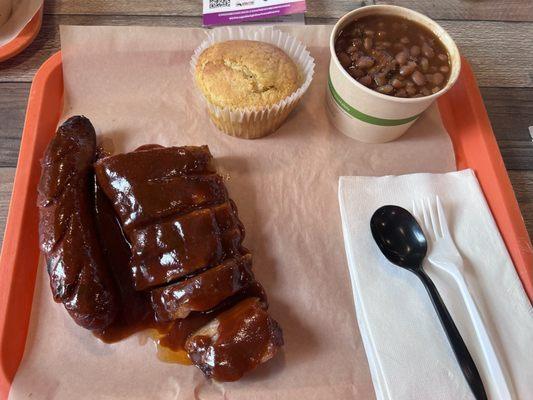 Rib tips and beef sausage w/ brisket baked beans and cornbread