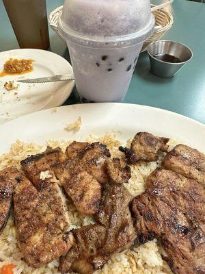 Grilled pork chops in fried rice with Taro boba.