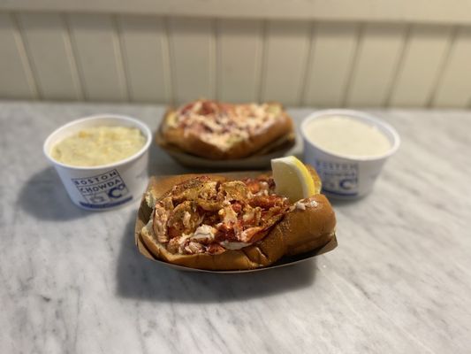 Cold and hot lobster rolls with corn and. Clam chowder.