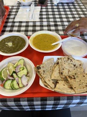 Thali with Saag, Dal Tadka, roti, Dahi, salad