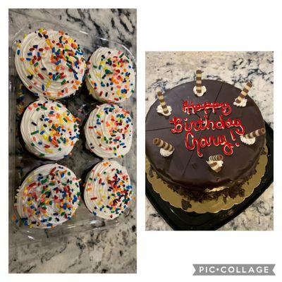 (L) Cookie Batter Ice cream cupcakes (R) 8 inch Midnight Delight Ice cream Cake