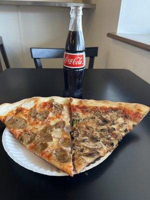 1 slice mushroom 1 slice sausage and 1 coke.