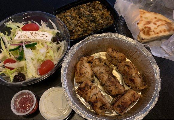 Chicken Souvalki Platter, Spinach with Rice