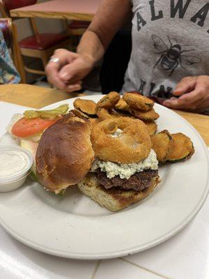 Blue burger and fried zucchini