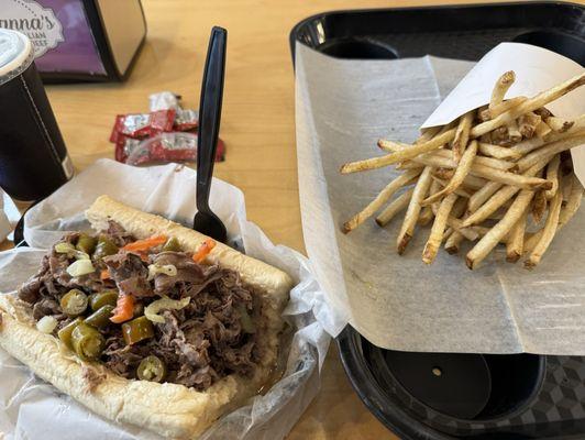 Italian beef with hot giardiniera dipped!