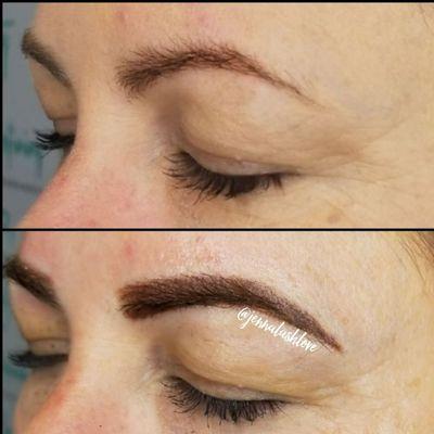 Before and after powder brow. Gave her a beautiful, natural shape with a more defined tail.